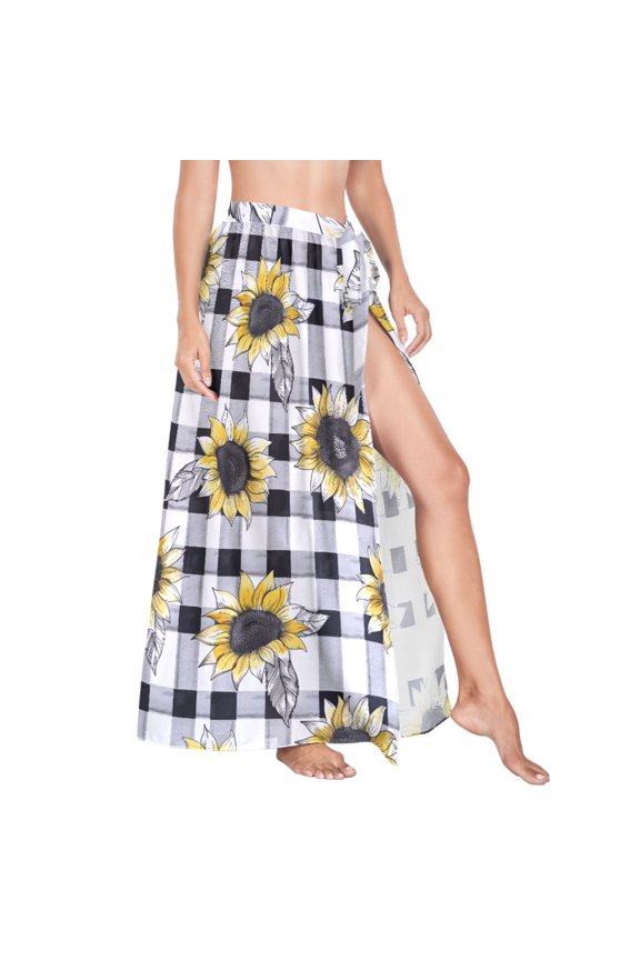 Women Sarong Wraps Sunflowers on Checkered Grid Swimsuit Beach Pareo Bikini Coverups Skirt M