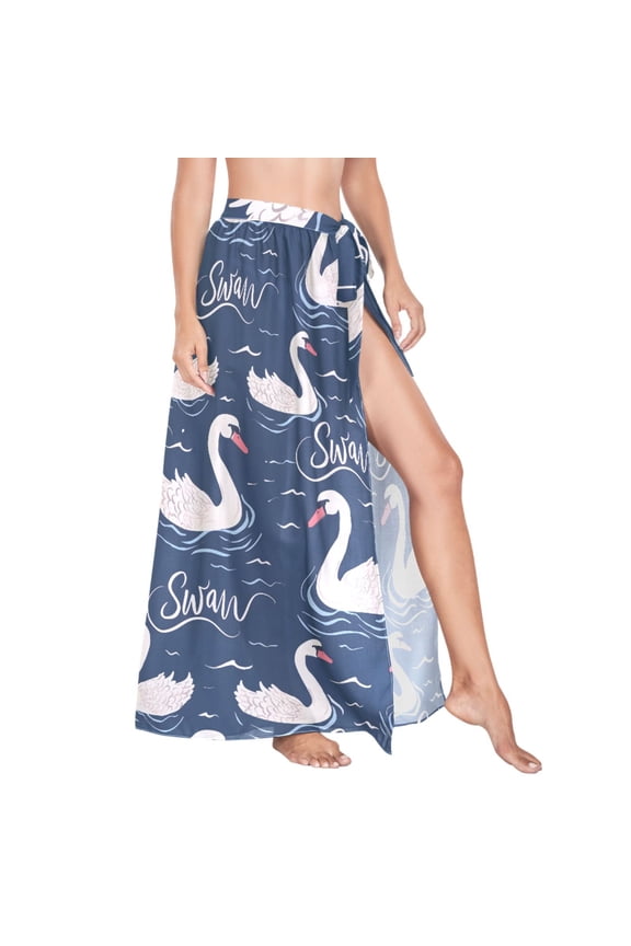 Women Sarong Wraps Swan Swimming on River Swimsuit Beach Pareo Bikini Coverups Skirt L