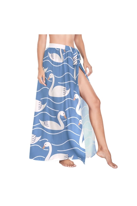 Women Sarong Wraps Swans in Water Wave Swimsuit Beach Pareo Bikini Coverups Skirt M