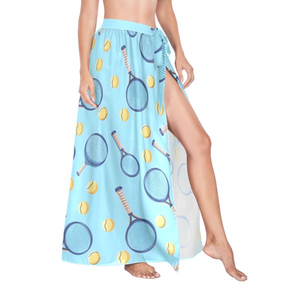 Women Sarong Wraps Tennis Racket Ball on Blue Swimsuit Beach Pareo Bikini Coverups Skirt L