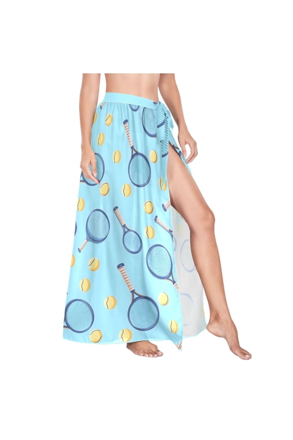 Women Sarong Wraps Tennis Racket Ball on Blue Swimsuit Beach Pareo Bikini Coverups Skirt M
