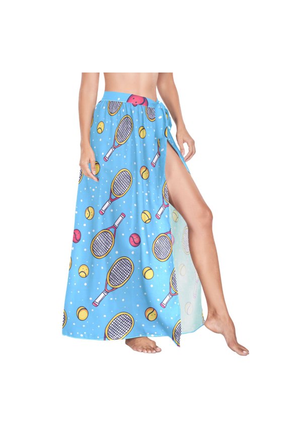 Women Sarong Wraps Tennis Racket and Balls Swimsuit Beach Pareo Bikini Coverups Skirt M