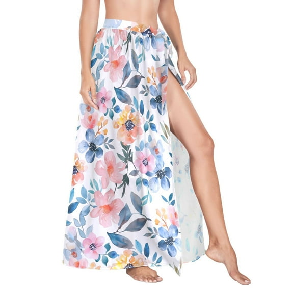 Women Sarong Wraps Watercolor Flowers and Leaves Swimsuit Beach Pareo Bikini Coverups Skirt L