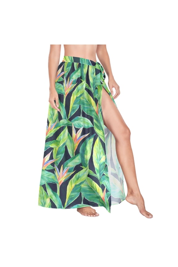 Women Sarong Wraps Watercolor Green Leaves Swimsuit Beach Pareo Bikini Coverups Skirt L