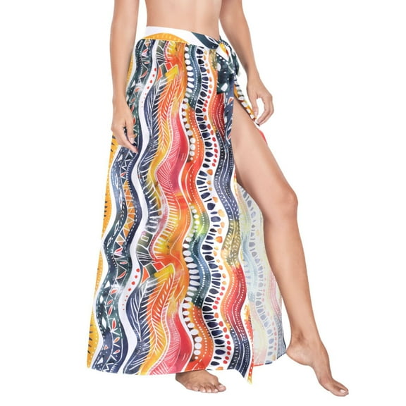 Women Sarong Wraps Watercolor Wave Lines Swimsuit Beach Pareo Bikini Coverups Skirt L