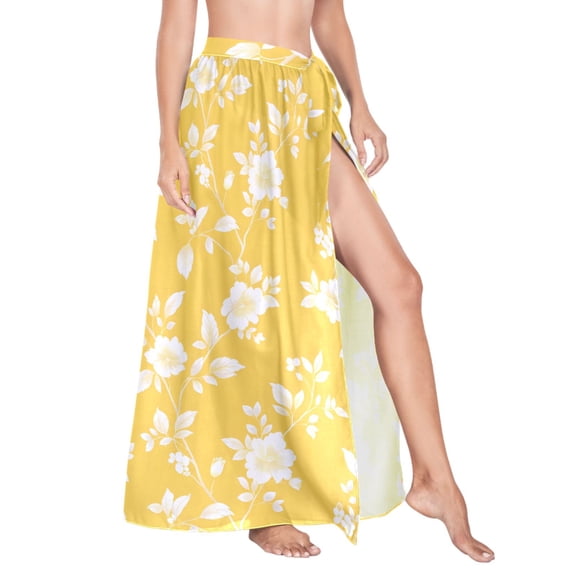 Women Sarong Wraps Yellow Leaves Flower Swimsuit Beach Pareo Bikini Coverups Skirt L