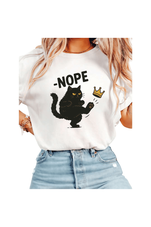 Women Sassy Black Cat NOPE Crown Graphic Tees T-Shirt Tops Round Neck Cotton T-Shirt White S-5XL
