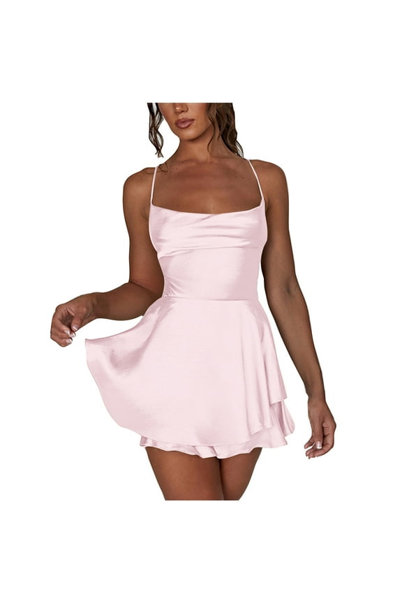 Women Satin Backless Mini Romper Dress With Shorts Spaghetti Strap Playsuit Tie Back Summer Layer Jumpsuits Dress Pink,M