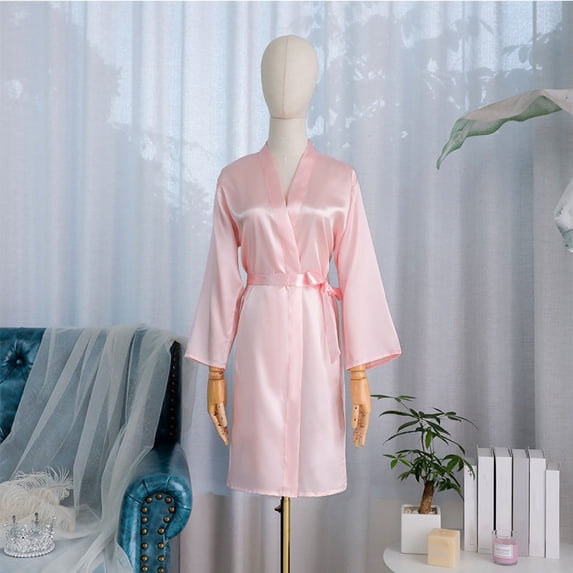 Women Satin Bathrobe, Long Sleeve Wrap Robe with Matching Tie Belt, Lightweight Elegant Home Nightwear Loungewear for Wedding Bridesmaid L