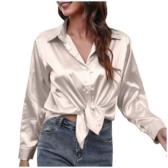 Women Satin Button Down Shirts Soft Silk Long Sleeve Collared Dressy Loose Blouse Business Casual Work Tunic Tops