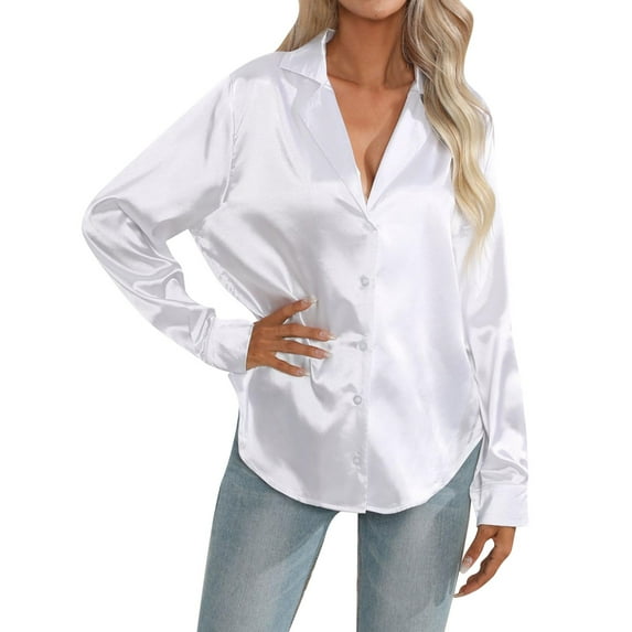 Women Satin Button Down Shirts Soft Silk Long Sleeve Collared Dressy Loose Blouse Business Casual Work Tunic Tops
