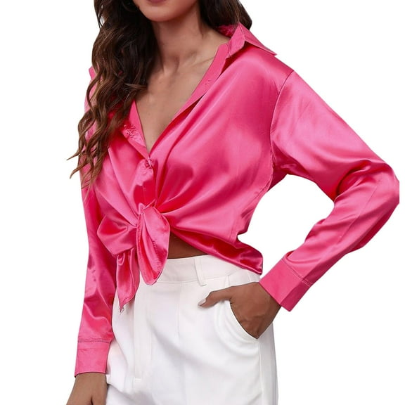 Women Satin Button Down Shirts Soft Silk Long Sleeve Collared Dressy Loose Blouse Business Casual Work Tunic Tops