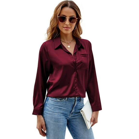 New Women Satin Button Up Shirt 2024 New Long Sleeve Tops Office Slim Fit Top Pocket Blouses Women's Top With Sleeves