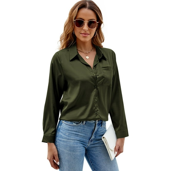 New Women Satin Button Up Shirt 2024 New Long Sleeve Tops Office Slim Fit Top Pocket Blouses Women's Top With Sleeves