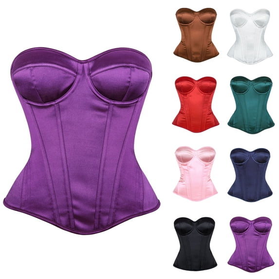 Women Satin Corset Tops Strapless Underwire Padded Lace-Up Boned Shapewear Halloween Costume