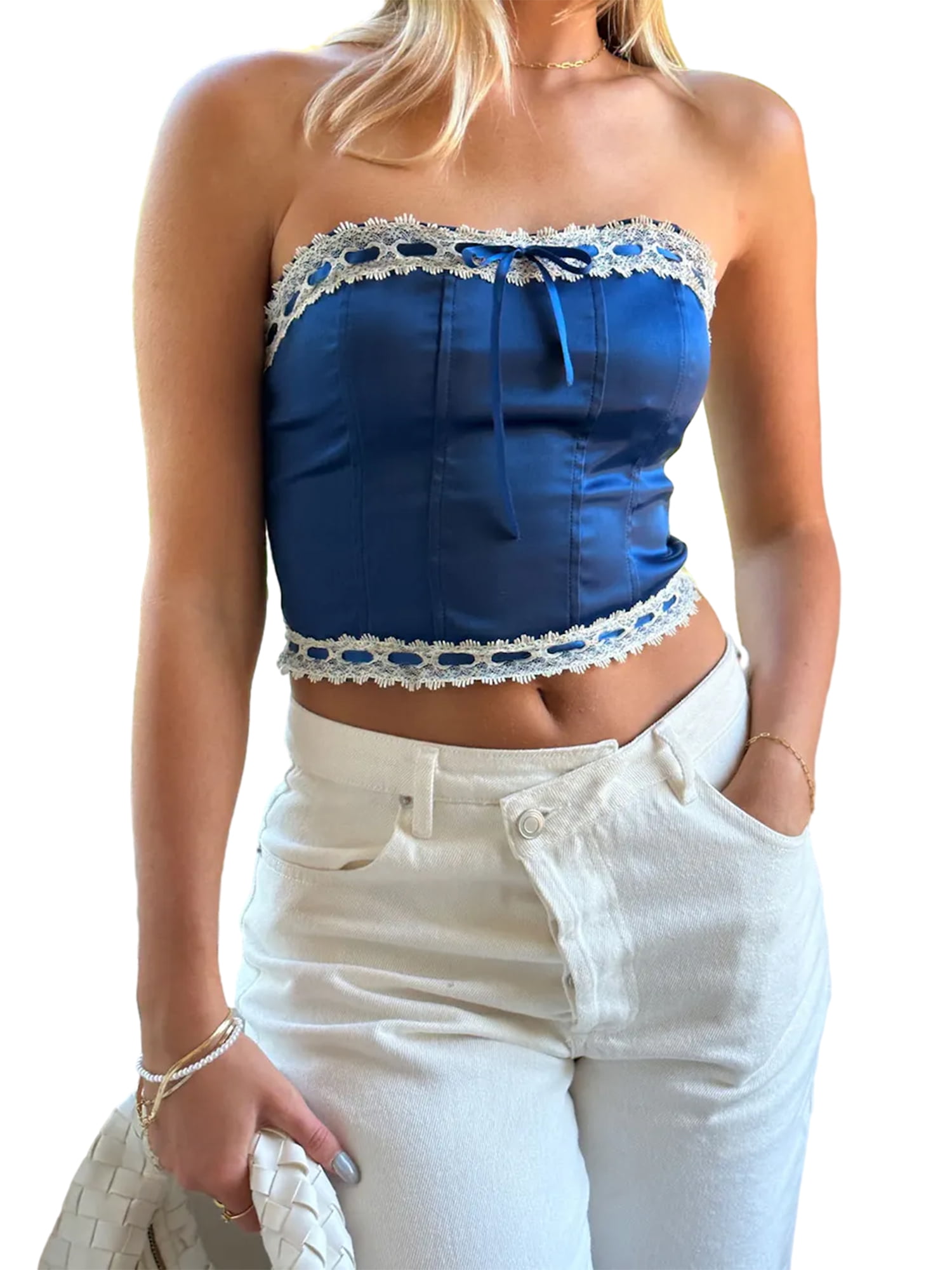 Women Satin Corset Tube Tops Lace Trim Bow Front Bandeau Show Navel Tank Tops Club Streetwear