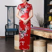 Women Satin Daily Dress Summer New Long Qipao Print Flower Chinese Cheongsam