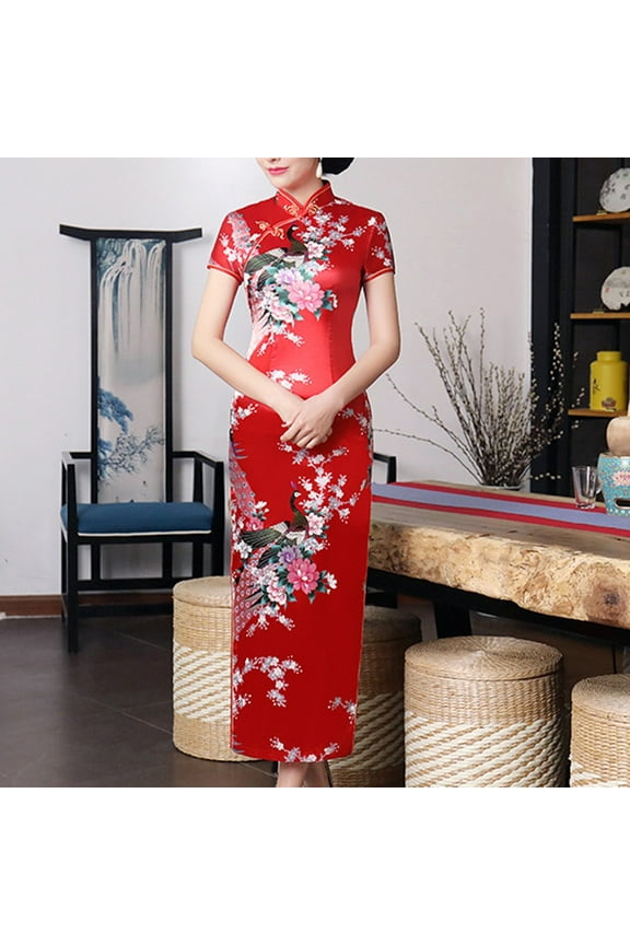 Women Satin Daily Dress Summer New Long Qipao Print Flower Chinese Cheongsam