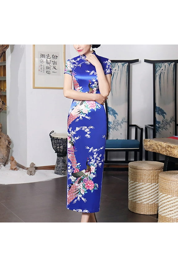 Women Satin Daily Dress Summer New Long Qipao Print Flower Chinese Cheongsam