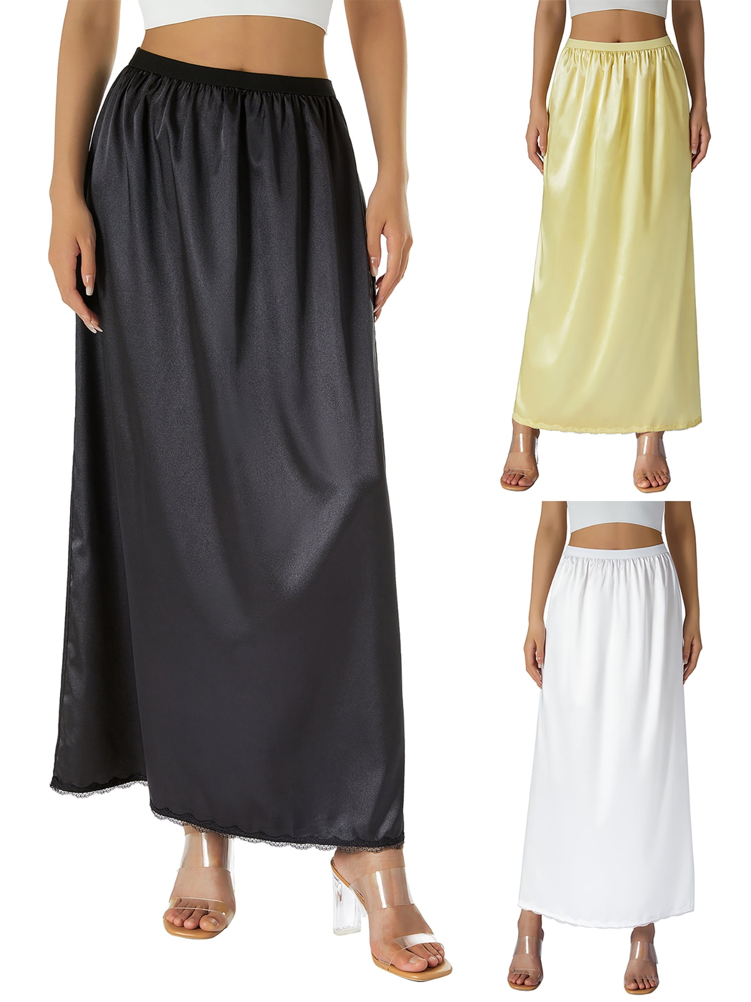 Women Satin Half Slips Skirt Solid Color Elastic Waist Lace Trim Long