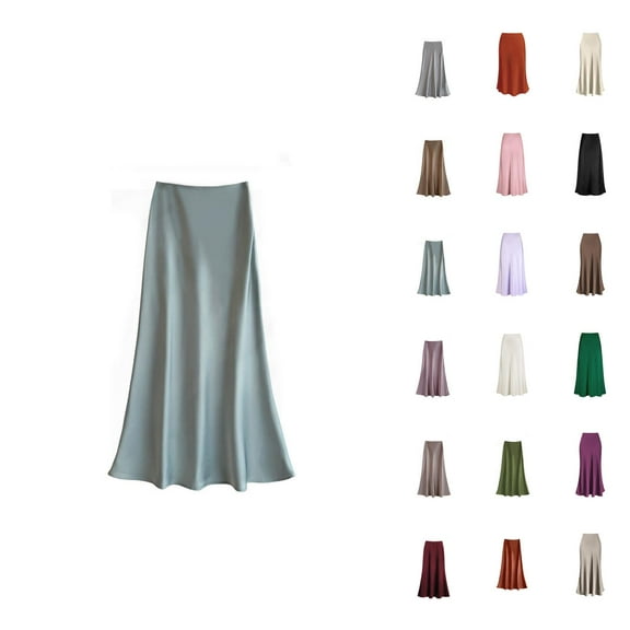 Women Satin High Waist Hidden Elastic Waist A-Line Long Maxi Elegant Skirt