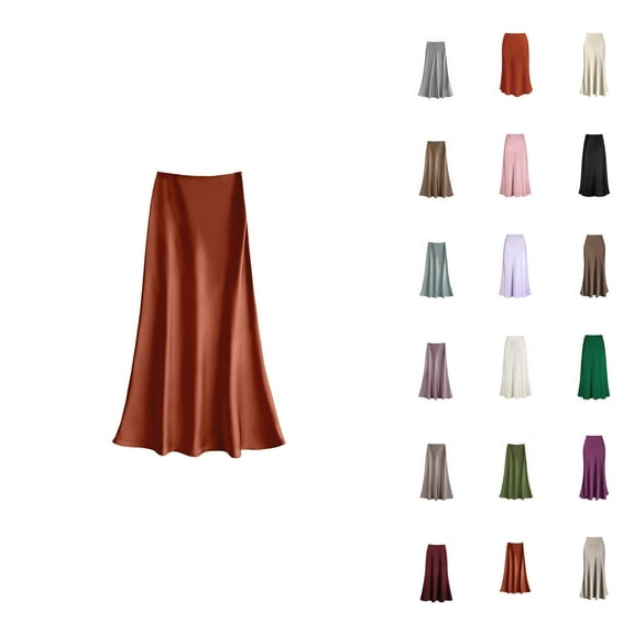 Women Satin High Waist Hidden Elastic Waist A-Line Long Maxi Elegant Skirt