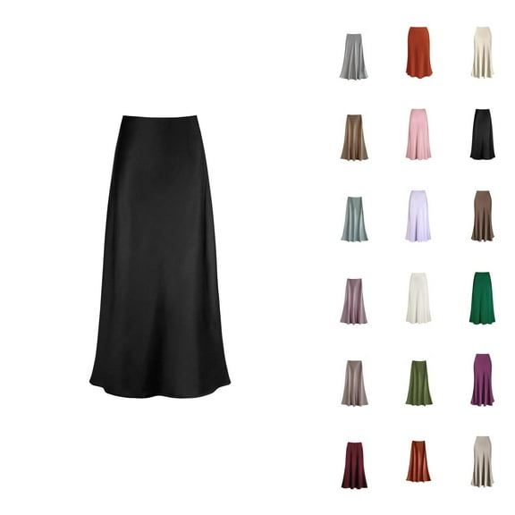 Women Satin High Waist Hidden Elastic Waist A-Line Long Maxi Elegant Skirt