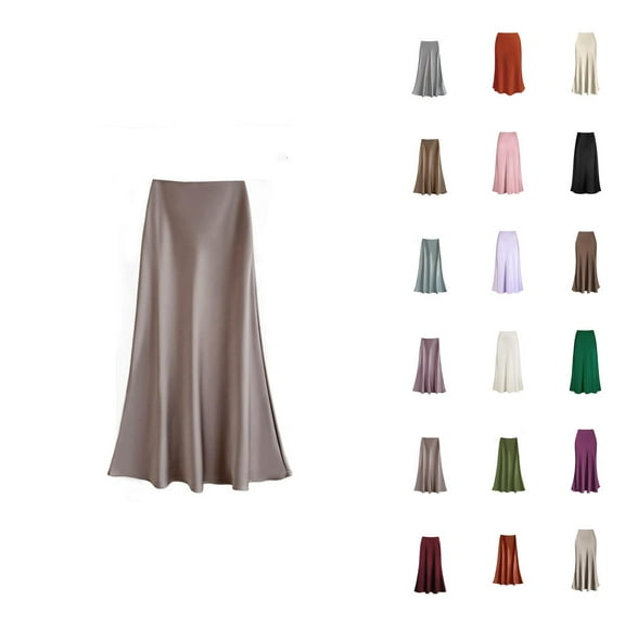 Women Satin High Waist Hidden Elastic Waist A-Line Long Maxi Elegant Skirt