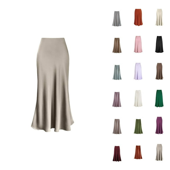 Women Satin High Waist Hidden Elastic Waist A-Line Long Maxi Elegant Skirt