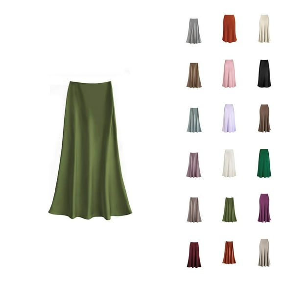 Women Satin High Waist Hidden Elastic Waist A-Line Long Maxi Elegant Skirt