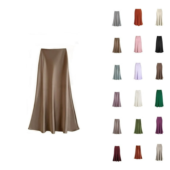 Women Satin High Waist Hidden Elastic Waist A-Line Long Maxi Elegant Skirt