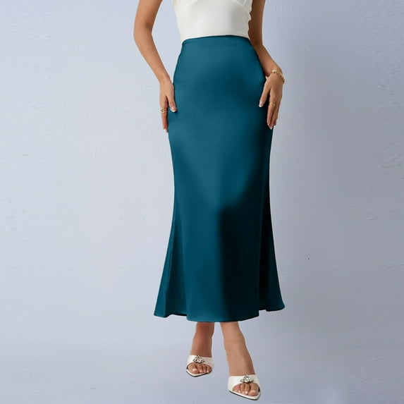 Women Satin High-Waisted Trumpet Maxi Skirt Slim Solid Color Casual Hobble Skirt for Work/Party/Vacation, Size S-2XL
