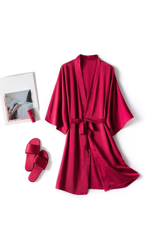 Women Satin Kimono Robe Mid Length Bathrobe Soft Sleepwear Gown Elegant Housecoat With Pockets, XXL, Red