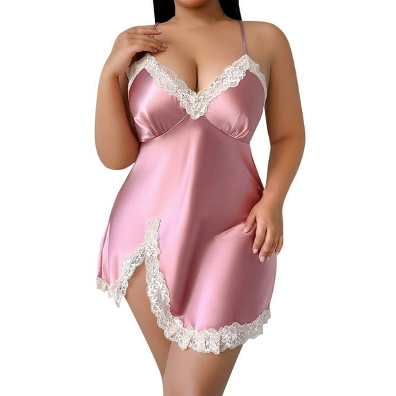 Women Satin Lace Chemise Lingerie Nightgown V Neck Silk Nightdress Adjustable Straps Plus Size Sleepwear
