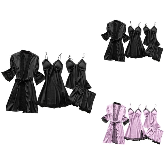 Women Satin Lace Sexy Suspenders Nightgown Pajama Set with Chest Pad, 4-Piece Silk Satin Robe Sleepwear for Plus Size Loungewear