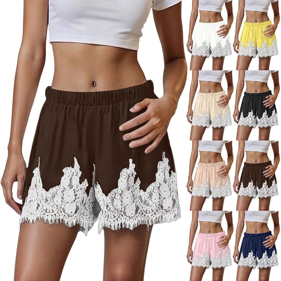Women Satin Lace Shorts Silky Pajama Lounge Shorts Elastic Waist Chic Sleepwear Bottoms