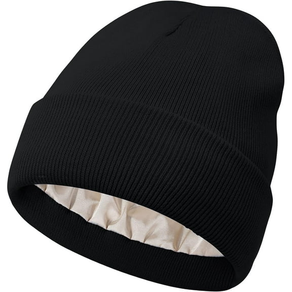 Women Satin Lined Knit Beanie Hat Winter Hats for Women Men Silk Lining Soft Slouchy Warm Cuffed Beanie Hat (Black)