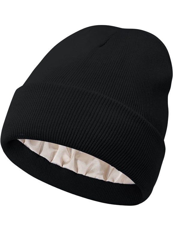 Women Satin Lined Knit Beanie Hat Winter Hats for Women Men Silk Lining Soft Slouchy Warm Cuffed Beanie Hat (Black)