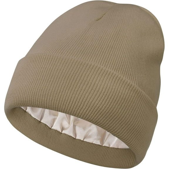Women Satin Lined Knit Beanie Hat Winter Hats for Women Men Silk Lining Soft Slouchy Warm Cuffed Beanie Hat (Khaki)