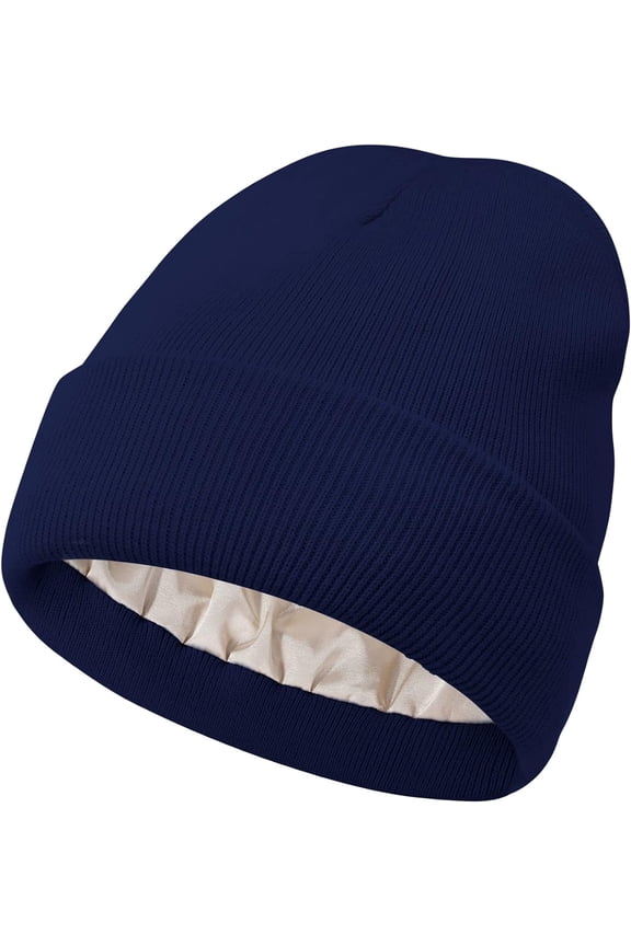 Women Satin Lined Knit Beanie Hat Winter Hats for Women Men Silk Lining Soft Slouchy Warm Cuffed Beanie Hat (Navy Blue)