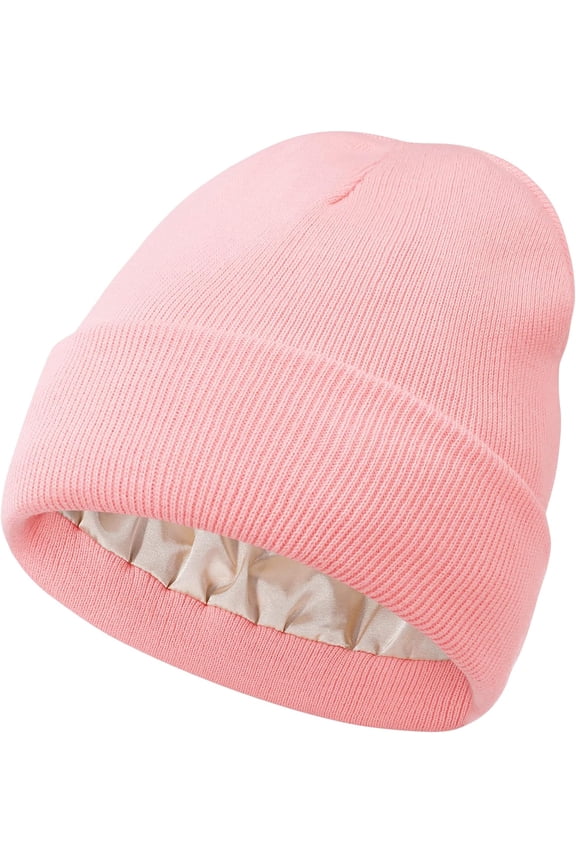 Women Satin Lined Knit Beanie Hat Winter Hats for Women Men Silk Lining Soft Slouchy Warm Cuffed Beanie Hat (Pink)
