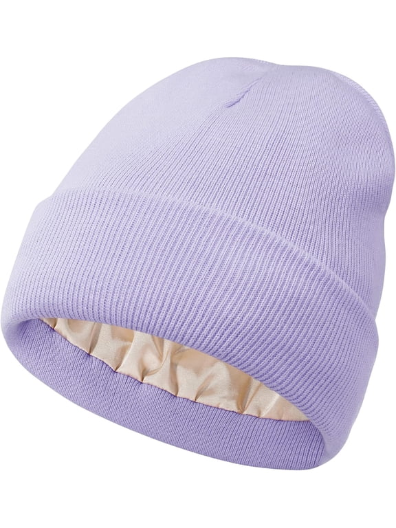 Women Satin Lined Knit Beanie Hat Winter Hats for Women Men Silk Lining Soft Slouchy Warm Cuffed Beanie Hat (Purple)