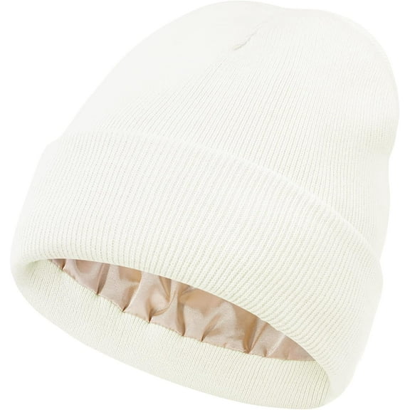 Women Satin Lined Knit Beanie Hat Winter Hats for Women Men Silk Lining Soft Slouchy Warm Cuffed Beanie Hat (White)