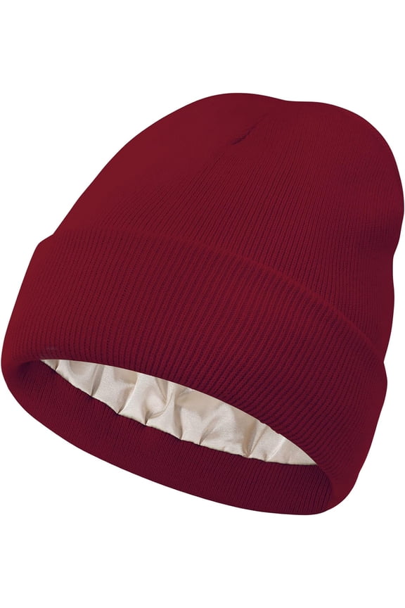 Women Satin Lined Knit Beanie Hat Winter Hats for Women Men Silk Lining Soft Slouchy Warm Cuffed Beanie Hat (Wine Red)