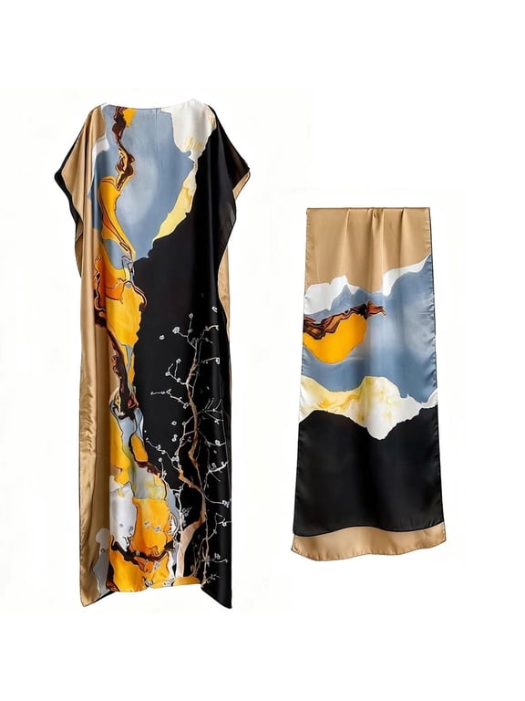 Women Satin Long Caftan Dress with Matching Scarf, Abstract Floral Print Loose Kaftan Maxi Dress Loungewear Cover Up