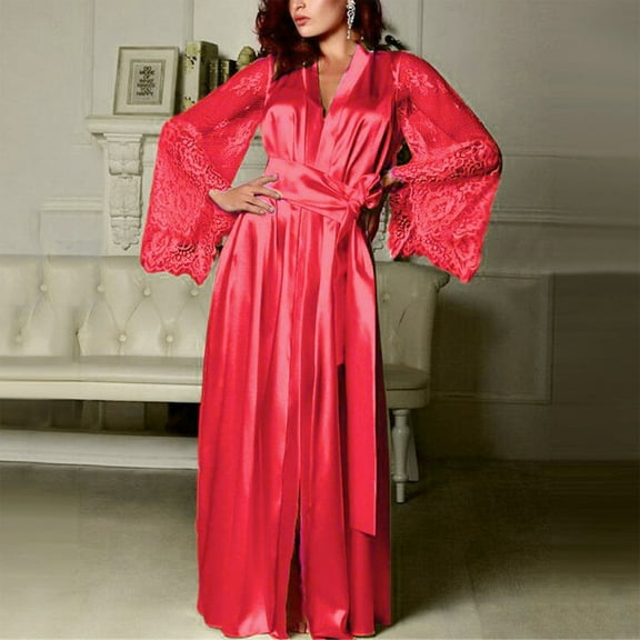 Women Satin Long Nightdress Silk Lace Lingerie Nightgown Sleepwear Robe Perfect for Spa, Lounging at Home, and After Bath Relaxation Red 2XL