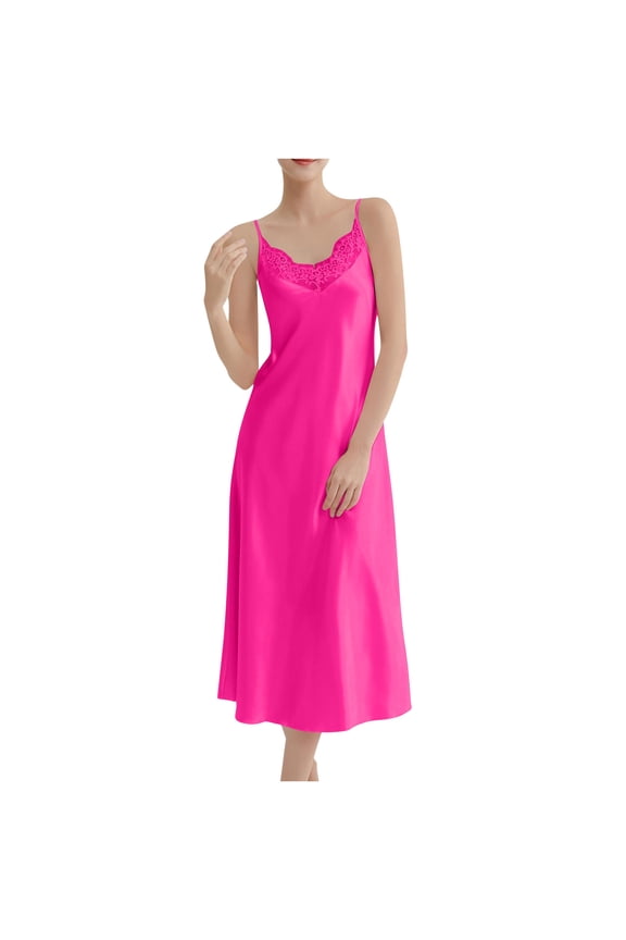 Women Satin Long Nightgownn Lace Adjustable Straps Satin Nightgown Sexy Lingerie Silk Mini Slips Loose Fit Sexy Bridal Lingerie Long Babydoll Chemise Negligee