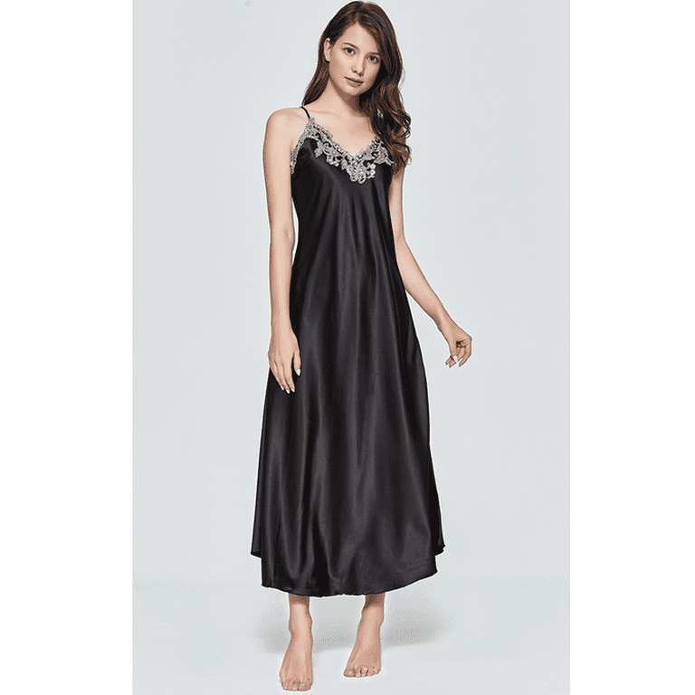 Women Satin Long Nightgowns Silk Lace Sexy Lingerie Sleeveless