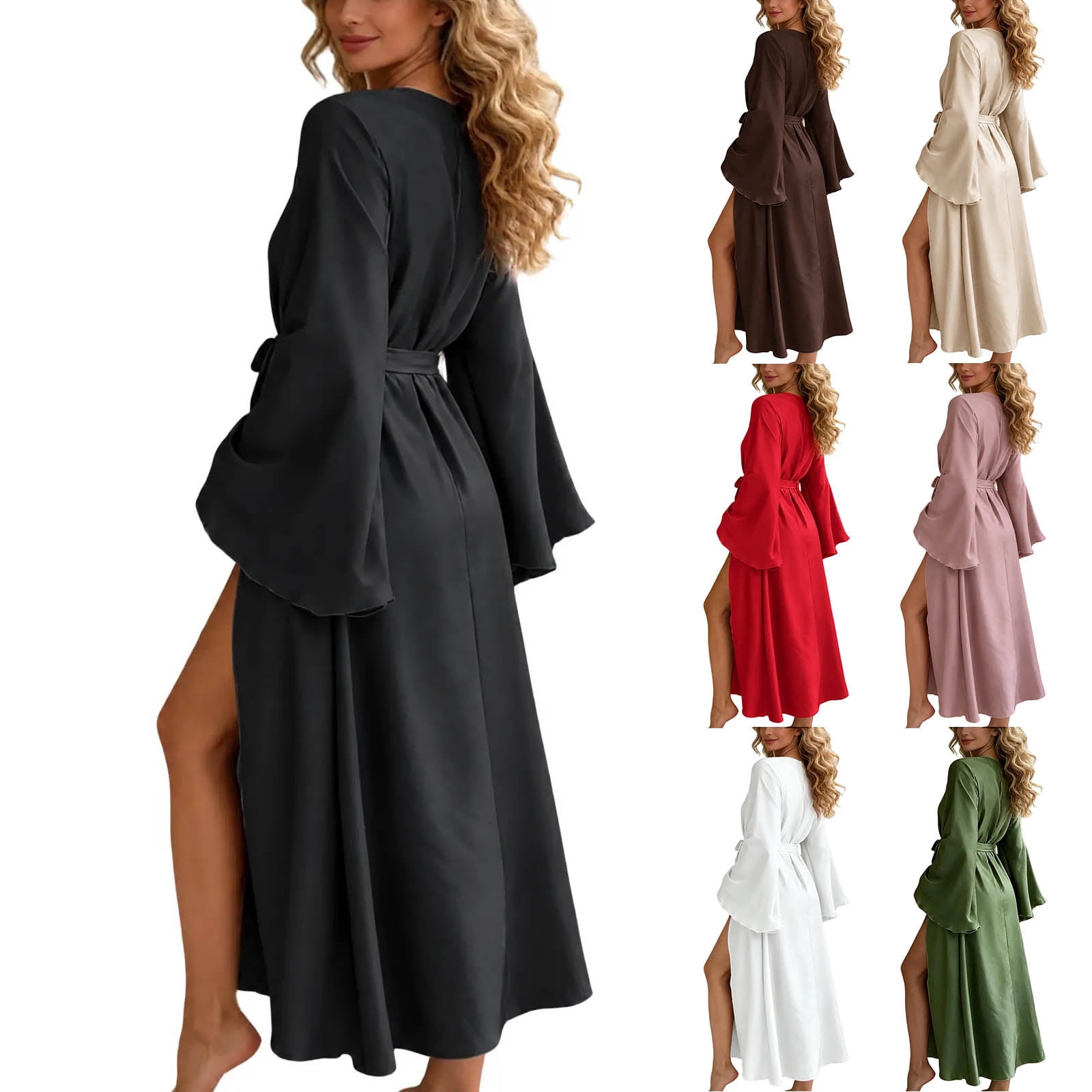 Women Satin Long Robe Full Length Tie Front Flare Long Sleeve Bathrobe ...