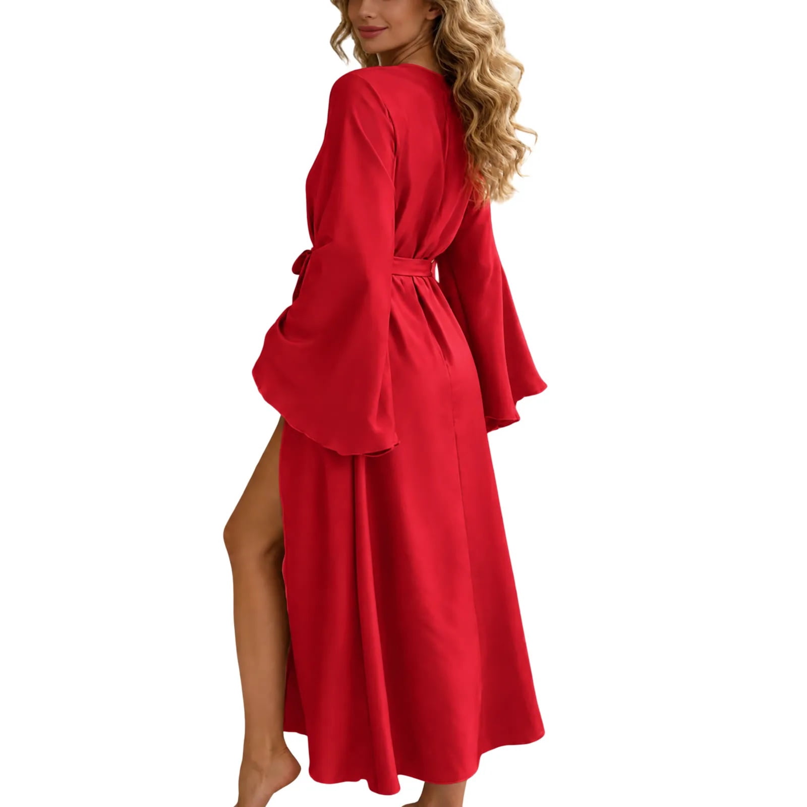 Women Satin Long Robe Full Length Tie Front Flare Long Sleeve Bathrobe ...